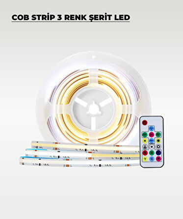 12V COB Şerit Led 3 Renk Işık  -Kumandalı- Metrede 360 Led - 5 Metre
