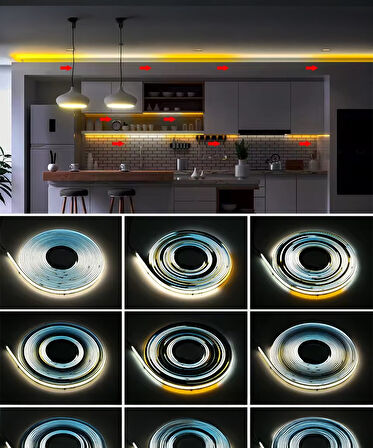 12V COB Şerit Led 3 Renk Işık  -Kumandalı- Metrede 360 Led - 5 Metre