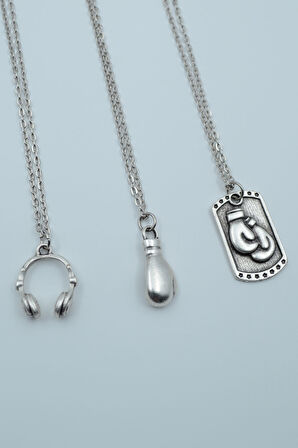 3'lü Kulaklık Boks Eldiveni Künye Kadın Erkek Gümüş Kaplama Kolye Seti  -