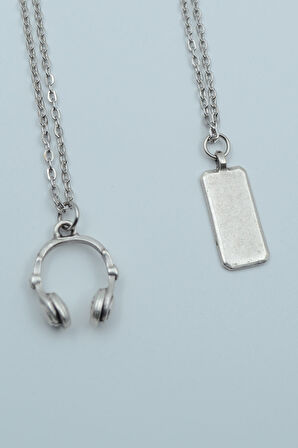 2'li Dikdörtgen Bar Kulaklık Gümüş Kaplama Kolye Seti