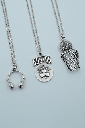 3'lü Kulaklık Basket Topu File Pota Boston Celtics Gümüş Kaplama Kolye Seti