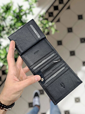 VİSSO  114  HAKİKİ DERİ ÇANTA İSME ÖZEL BOZUK PARA CEPLİ FERMUARLI ÇITÇITLI KADIN ERKEK CÜZDAN Erkek  Siyah Gutty Tuğra logolu