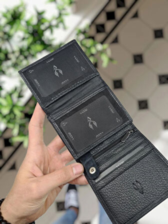 VİSSO  114  HAKİKİ DERİ ÇANTA İSME ÖZEL BOZUK PARA CEPLİ FERMUARLI ÇITÇITLI KADIN ERKEK CÜZDAN Erkek  Siyah Gutty Tuğra logolu