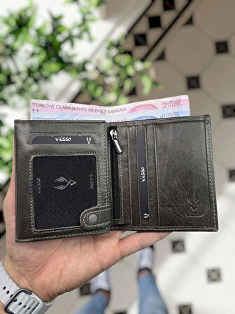 VİSSO 114 HAKİKİ DERİ ÇANTA İSME ÖZEL BOZUK PARA CEPLİ FERMUARLI ÇITÇITLI KADIN ERKEK CÜZDAN Erkek    Gri Crayz Tuğra logolu