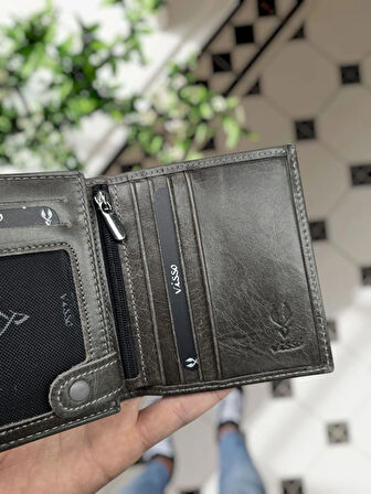 VİSSO 114 HAKİKİ DERİ ÇANTA İSME ÖZEL BOZUK PARA CEPLİ FERMUARLI ÇITÇITLI KADIN ERKEK CÜZDAN Erkek    Gri Crayz Tuğra logolu