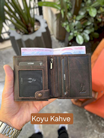 VİSSO 114  HAKİKİ DERİ ÇANTA İSME ÖZEL BOZUK PARA CEPLİ FERMUARLI ÇITÇITLI KADIN ERKEK CÜZDAN Erkek  Kahve Matrix