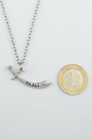 Zülfikar Kılıç - Ya Ali Erkek Kadın Kolye Antik Gümüş Kaplama - 60 cm Düz Zincir