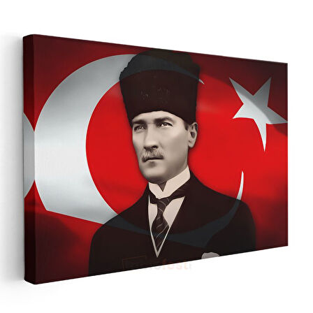 Kalpaklı Atatürk - Türk Bayrağı Fonlu Kanvas Tablo