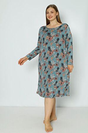 Desenli Uzun Kollu Büyük Beden Likralı Viskon Gecelik