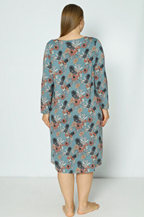 Desenli Uzun Kollu Büyük Beden Likralı Viskon Gecelik