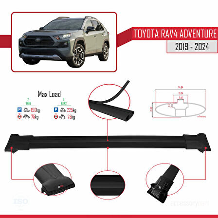 Toyota RAV4 Adventure 2019-2024 Arası ile Uyumlu FLY Model Ara Atkı Tavan Barı Siyah 2 Adet