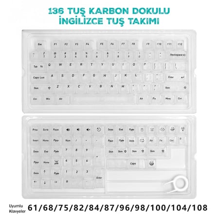 136 Tuş İngilizce PBT Tuş Takımı – Şeffaf Karbon Fiber Desenli Mekanik Klavye Keycaps Seti