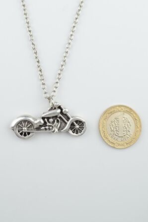 Chopper Motor - Motosiklet Erkek Kadın Kolye Antik Gümüş Kaplama - 60 cm Düz Zincir