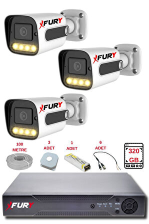 FURY 3 Kameralı Set Full HD Gece Renkli Görüş-Cepten İzle-Su Geçirmez Güvenlik Kamerası Seti 320GB