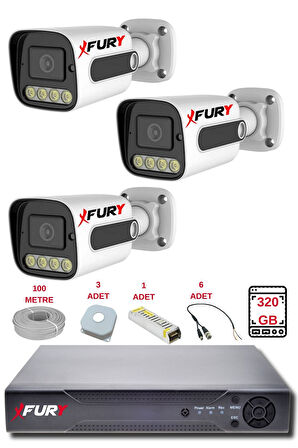 FURY 3 Kameralı Set Full HD Gece Renkli Görüş-Cepten İzle-Su Geçirmez Güvenlik Kamerası Seti 320GB