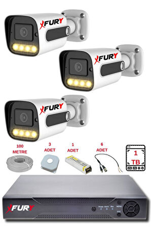 FURY 3 Kameralı Set Full HD Gece Renkli Görüş - Cepten İzle - Su Geçirmez Güvenlik Kamerası Seti 1TB