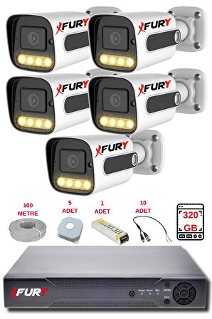 FURY 5 Kameralı Set Full HD Gece Renkli Görüş-Cepten İzle-Su Geçirmez Güvenlik Kamerası Seti 320GB