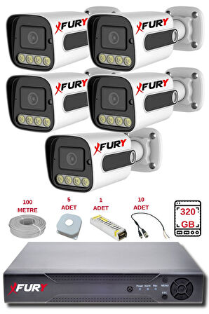 FURY 5 Kameralı Set Full HD Gece Renkli Görüş-Cepten İzle-Su Geçirmez Güvenlik Kamerası Seti 320GB