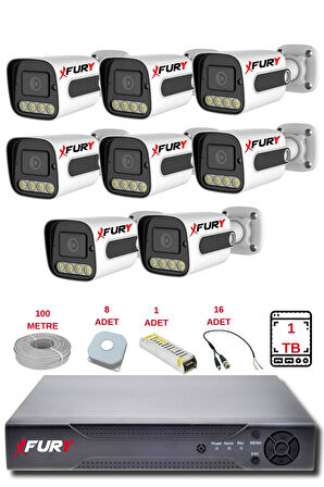 FURY 8 Kameralı Set Full HD Gece Renkli Görüş-Cepten İzle - Su Geçirmez Güvenlik Kamerası Seti 1TB