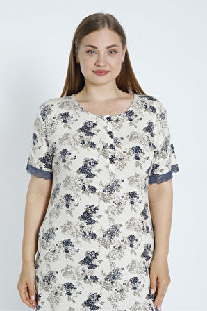 Kadın Büyük Beden Düğmeli Dantelli Kısa Kollu Esnek Viskon Gecelik