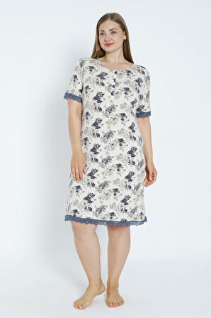 Kadın Büyük Beden Düğmeli Dantelli Kısa Kollu Esnek Viskon Gecelik