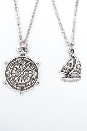 2'li Yelkenli Gemi - Gemici Pusula Erkek Kadın Kolye Seti 925 Ayar Gümüş Kaplama