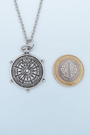 2'li Yelkenli Gemi - Gemici Pusula Erkek Kadın Kolye Seti 925 Ayar Gümüş Kaplama