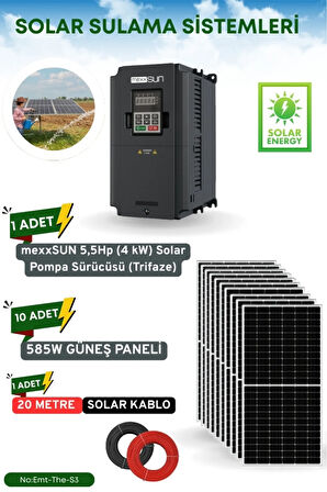 TARLA VE SERA SULAMA SİSTEMİ MEXSUNN 5.5 HP 4KW TRİFAZE SOLAR POMPA SÜRÜCÜSÜ 585 W Güneş Paneli