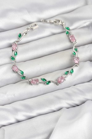 Pirinç Gümüş Renk Pembe Zirkon Taşlı Çiçek Model Kadın Bileklik