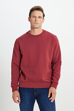 Erkek Bordo Standart Fit Normal Kesim Içi Polarlı 3 Iplik Bisiklet Yaka Pamuklu Sweatshirt