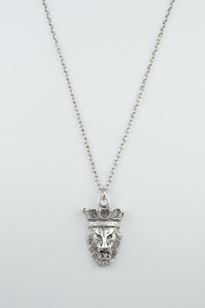 Aslan Kral Kafası - Taçlı Erkek Kadın Kolye Antik Gümüş Kaplama - 60 cm Düz Zincir
