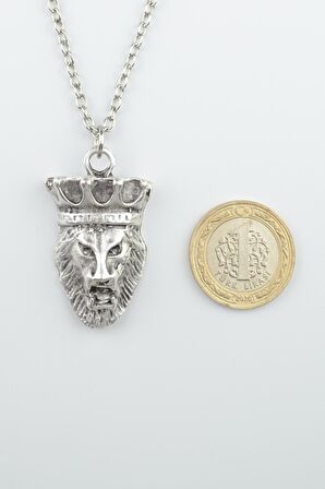 Aslan Kral Kafası - Taçlı Erkek Kadın Kolye Antik Gümüş Kaplama - 60 cm Düz Zincir
