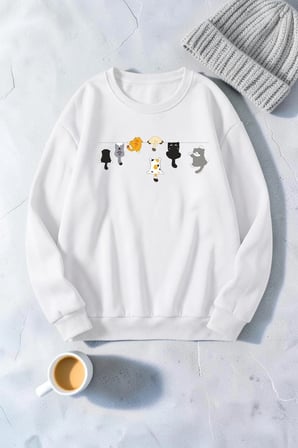 Unisex Ufak Yaramaz Kediler Baskılı Bisiklet Yaka Sweatshirt