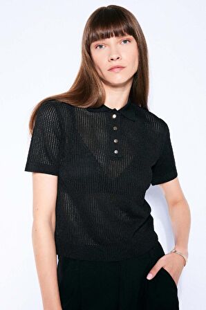 DeFacto Regular Fit Ajurlu Polo Yaka Kısa Kollu Siyah Triko Kazak D4161AX24AUBK27