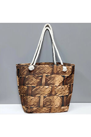 Ahşap Örme Desenli Plaj Çantası