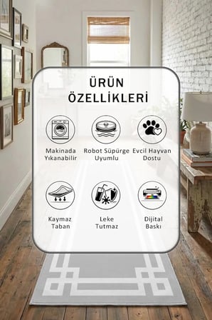 Yıkanabilir Kaymaz Klasik Agri Byz Dijital Baskılı Yolluk Halı Tüy Tutmaz Gri