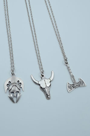 3'lü Viking Balta Buffalo - Boğa Savaşçı Miğfer Gümüş Kaplama Kolye Seti