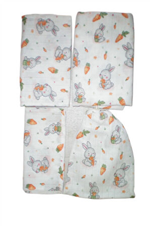 More Home Müslin Bez Battaniye Set 6 Parça Havuç Yiyen Tavşan  Beyaz Kırmızı