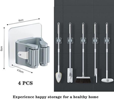3B Trend 4 Adet Süpürge Mop Tutucu Duvar Kendinden Yapışkanlı Duvar Delme Gerektirmez (Gri)