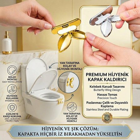 3B Trend Kelebek Figürlü Klozet Kapağı Hijyen Aparatı – Yapışkanlı Klozet Kapağı Tutucu Gold 2 Adet