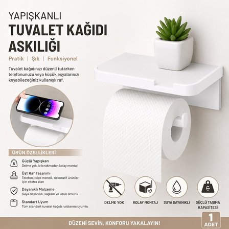 3B Trend Yapışkanlı Tuvalet Kağıdı Askılığı Raflı - Delme Gerektirmeyen Raflı Tuvalet Kağıdı Tutucu