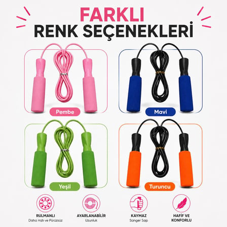 3B Trend Rulmanlı Atlama İpi Ayarlanabilir Uzunluk Kaymaz Sünger Saplı Fitness Egzersiz Kardiyo İpi