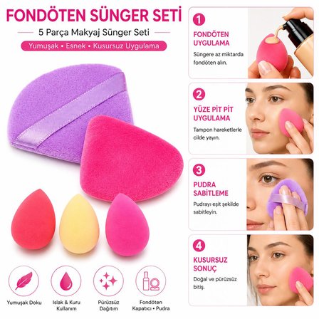 3B Trend 5 Parça Fondöten Sünger Seti Makyaj Süngeri Seti Fondöten Kapatıcı BB Krem Kozmetik Süngeri