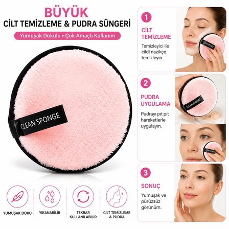 3B Trend Büyük Cilt Temizleme ve Pudra Süngeri  Yıkanabilir Makyaj Temizleme Pudra Uygulama Süngeri