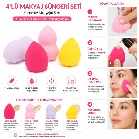 3B Trend 4'lü Makyaj Süngeri Seti Fondöten Süngeri Likit Fondöten Kapatıcı Pudra Uygulama Süngeri