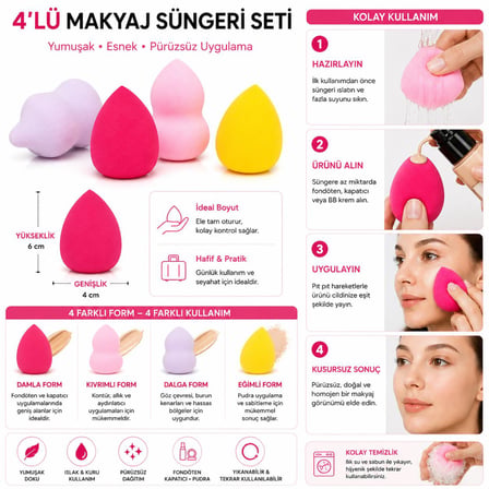 3B Trend 4'lü Makyaj Süngeri Seti Fondöten Süngeri Likit Fondöten Kapatıcı Pudra Uygulama Süngeri