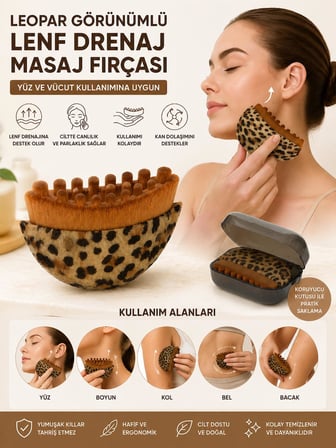 3B Trend Leopar Görünümlü Lenf Drenaj Masaj Fırçası Yüz ve Vücut Masaj Aleti Koruyucu Kutulu