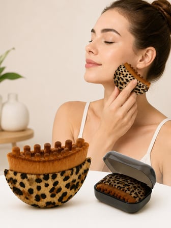 3B Trend Leopar Görünümlü Lenf Drenaj Masaj Fırçası Yüz ve Vücut Masaj Aleti Koruyucu Kutulu