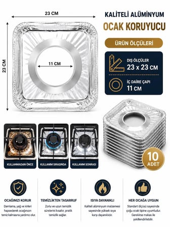 3B Trend 10 Adet Alüminyum Ocak Koruyucu 23x23 cm – Ocak Üstü Yağ Kir Koruma Levhası 11 cm İç Çap