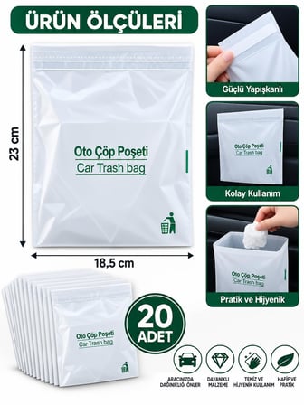 3B Trend 20 Adet Yapışkanlı Oto Çöp Poşeti 23x18,5 cm Su Geçirmez Sızdırmaz Araç Pratik Çöp Torbası